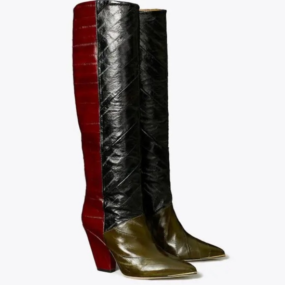 TORY BURCH LILA TALL BOOTS EEL LEATHER COLOR OLIVE/BLK/WINE 90MM HEEL US 8 1/2